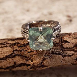 SOLD...Aqua Cushion Cut Ring with Round Accent Stones